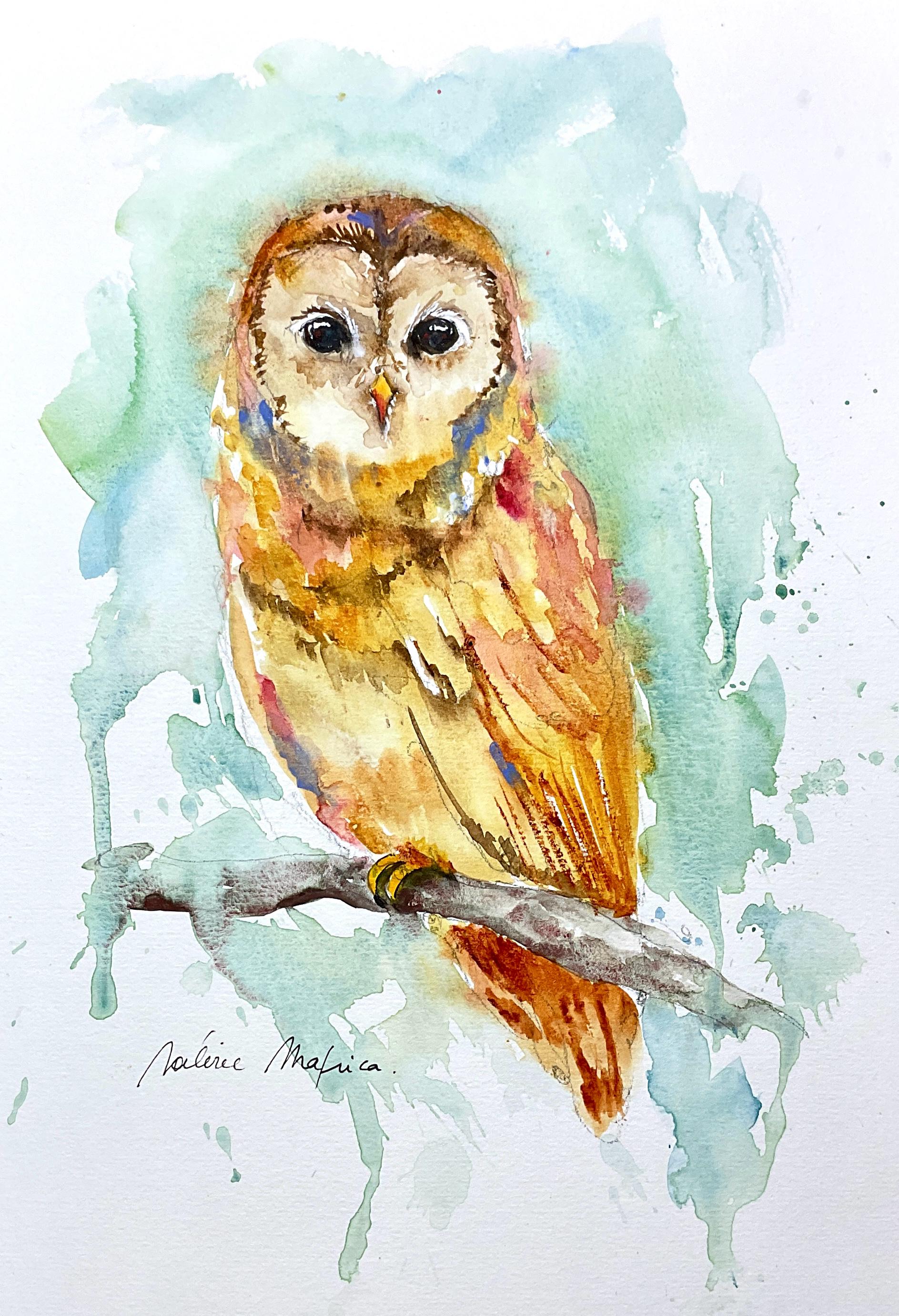 フクロウの水彩画、オリジナルのフクロウの絵画、フクロウの装飾