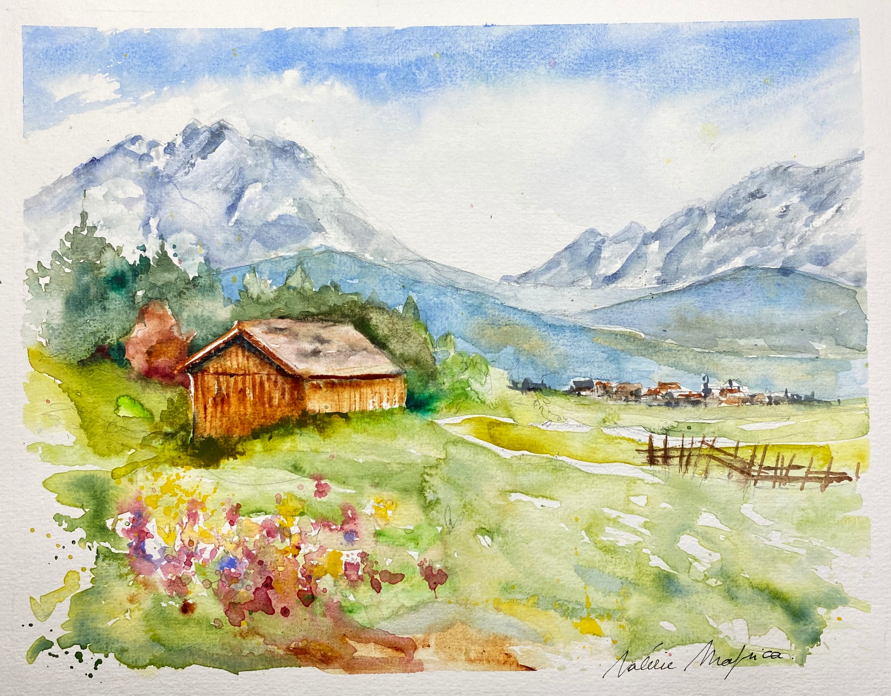 山の風景 水彩画　美馬牛 夏のオリジナルの水彩画による山の風景、モミの木の牧草地と岩山