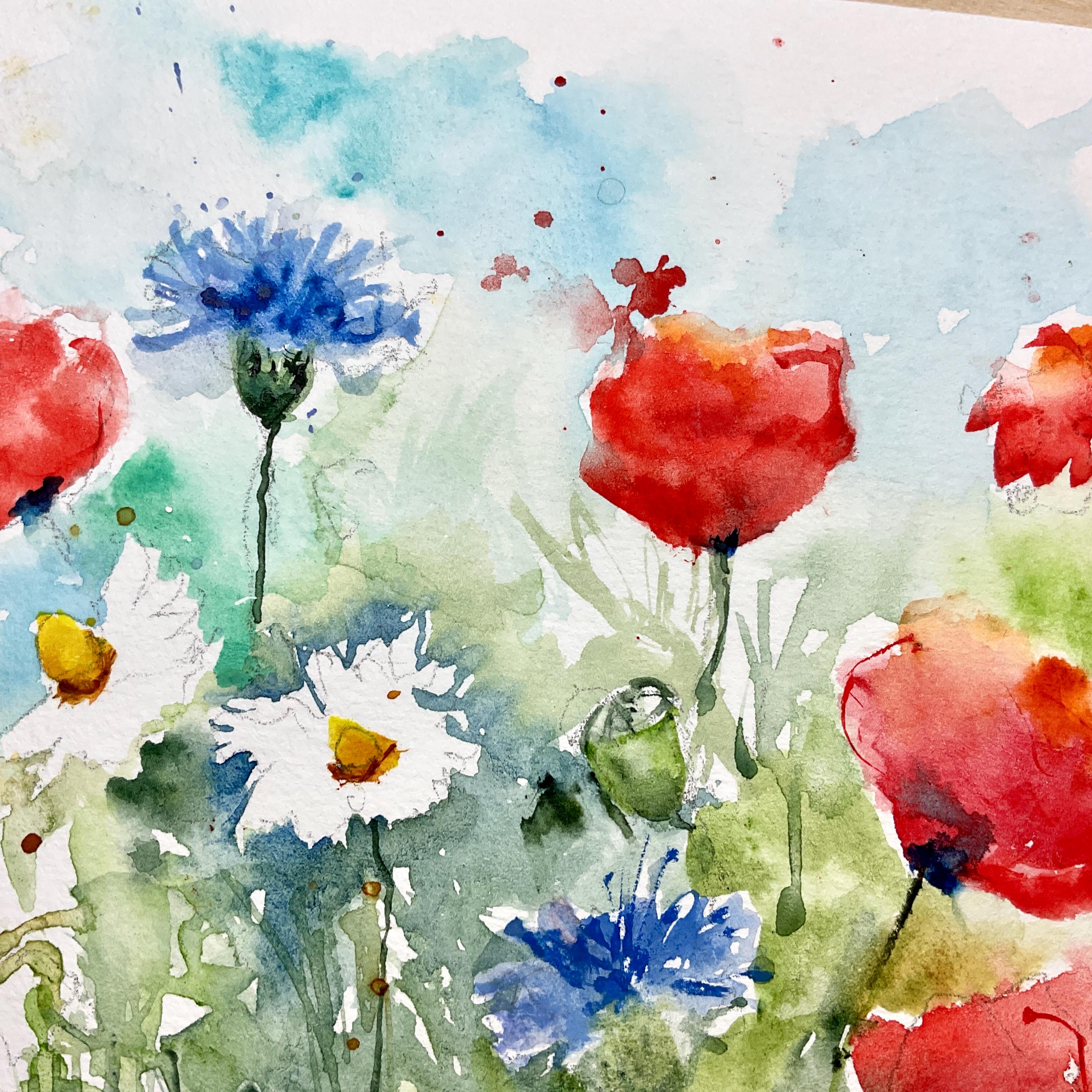 ポピーの水彩画、野原の赤いポピーの花のオリジナルアート、野生の花の