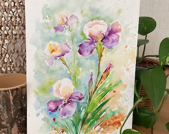 水彩画の花束、花瓶に描かれた庭の花の絵、色とりどりの花束、女性への