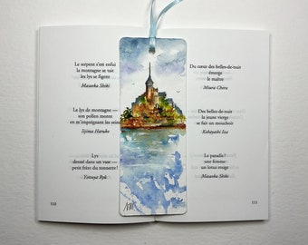 Mont Saint Michel bookmark, original watercolor miniature, painting of Mont Saint Michel, Normandy landscape, Abbey, bay and salt meadows