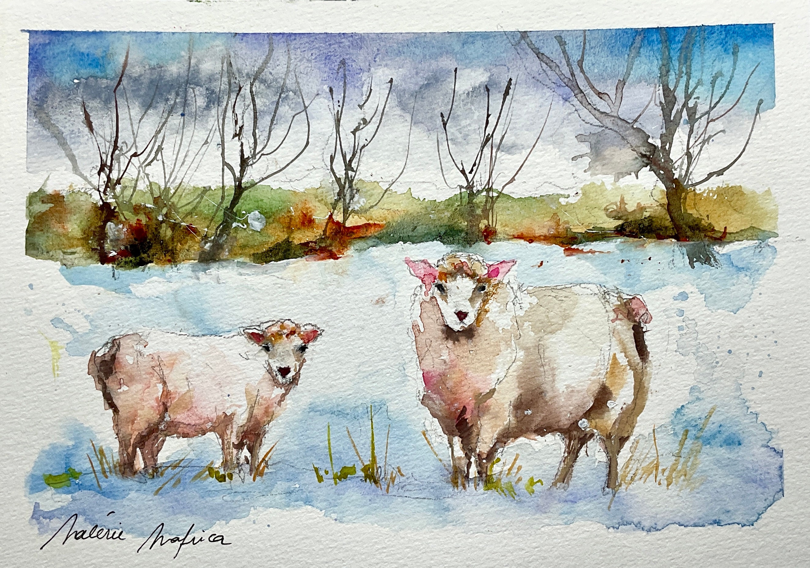 オリジナルの水彩画、冬の寒さの中の二匹の羊、羊の群れがいる雪の降る