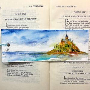 Originele aquarelbladwijzer van Mont-Saint-Michel, landschap van Normandië, toerisme in Frankrijk, wereldwonderen, architectonisch juweeltje