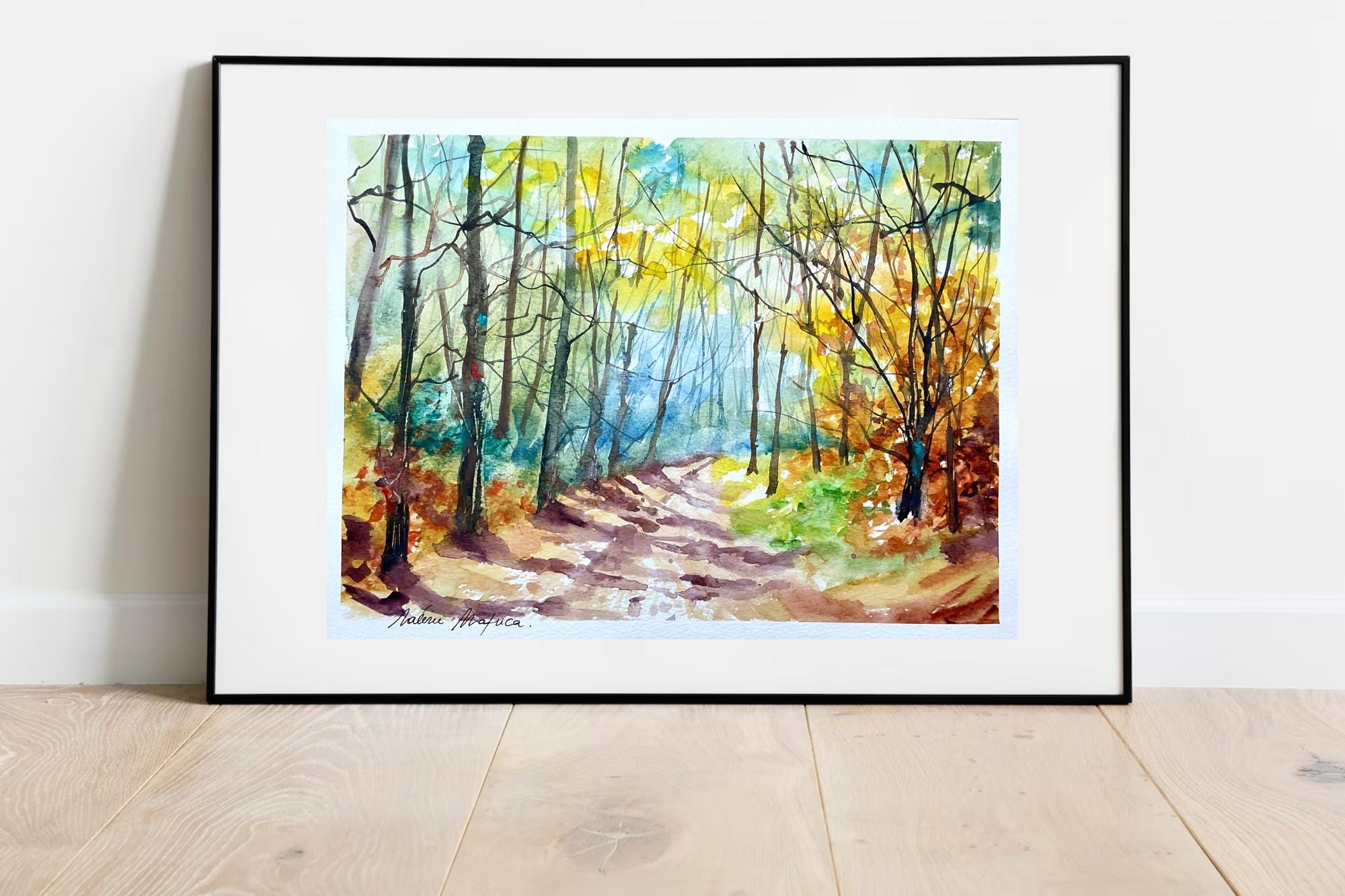 オリジナルの水彩画：森の中、森の風景、秋のハイキングコースの絵画