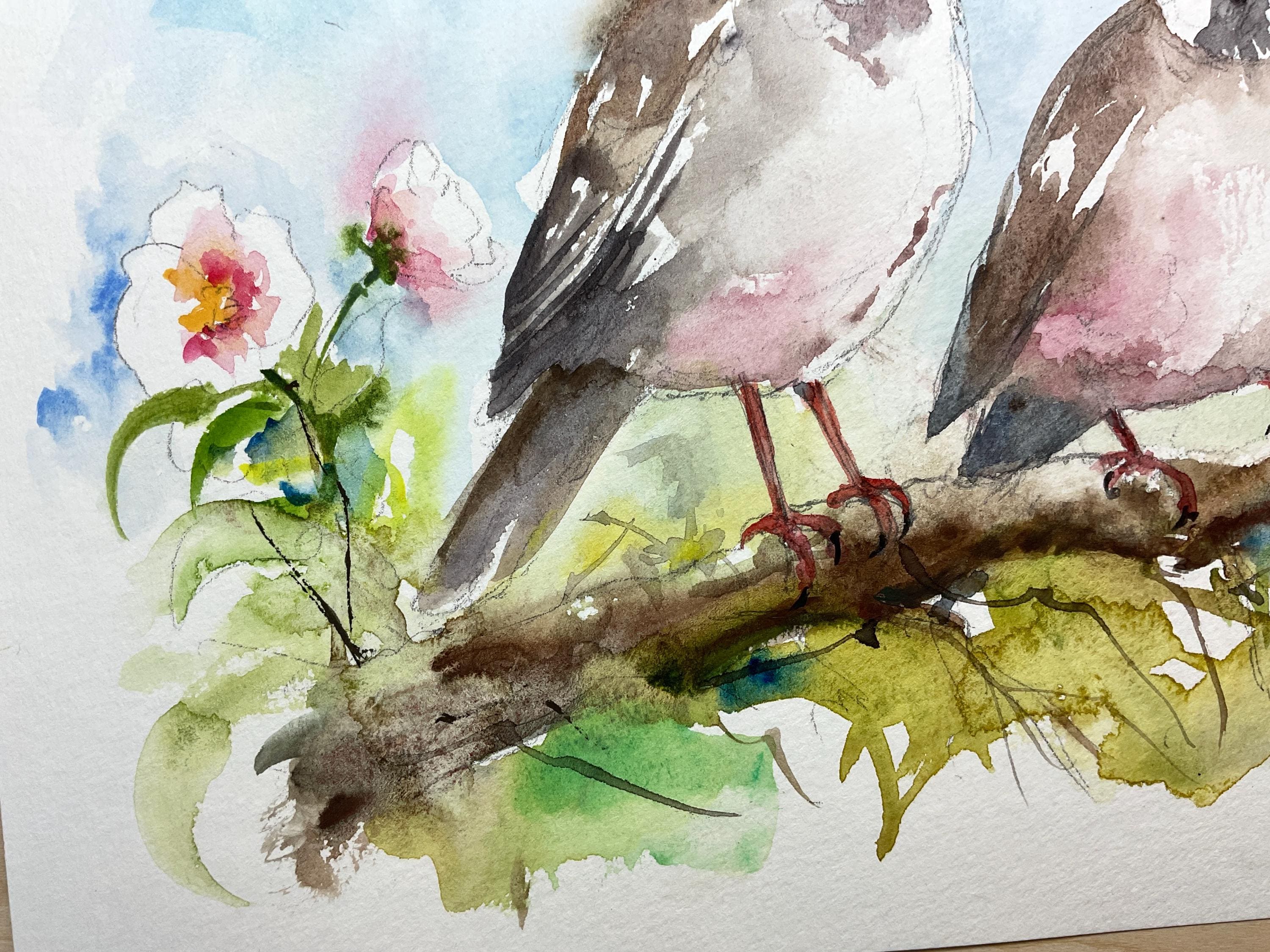 スズメのオリジナル水彩画、枝にとまる鳥の壁飾り、子供部屋の装飾