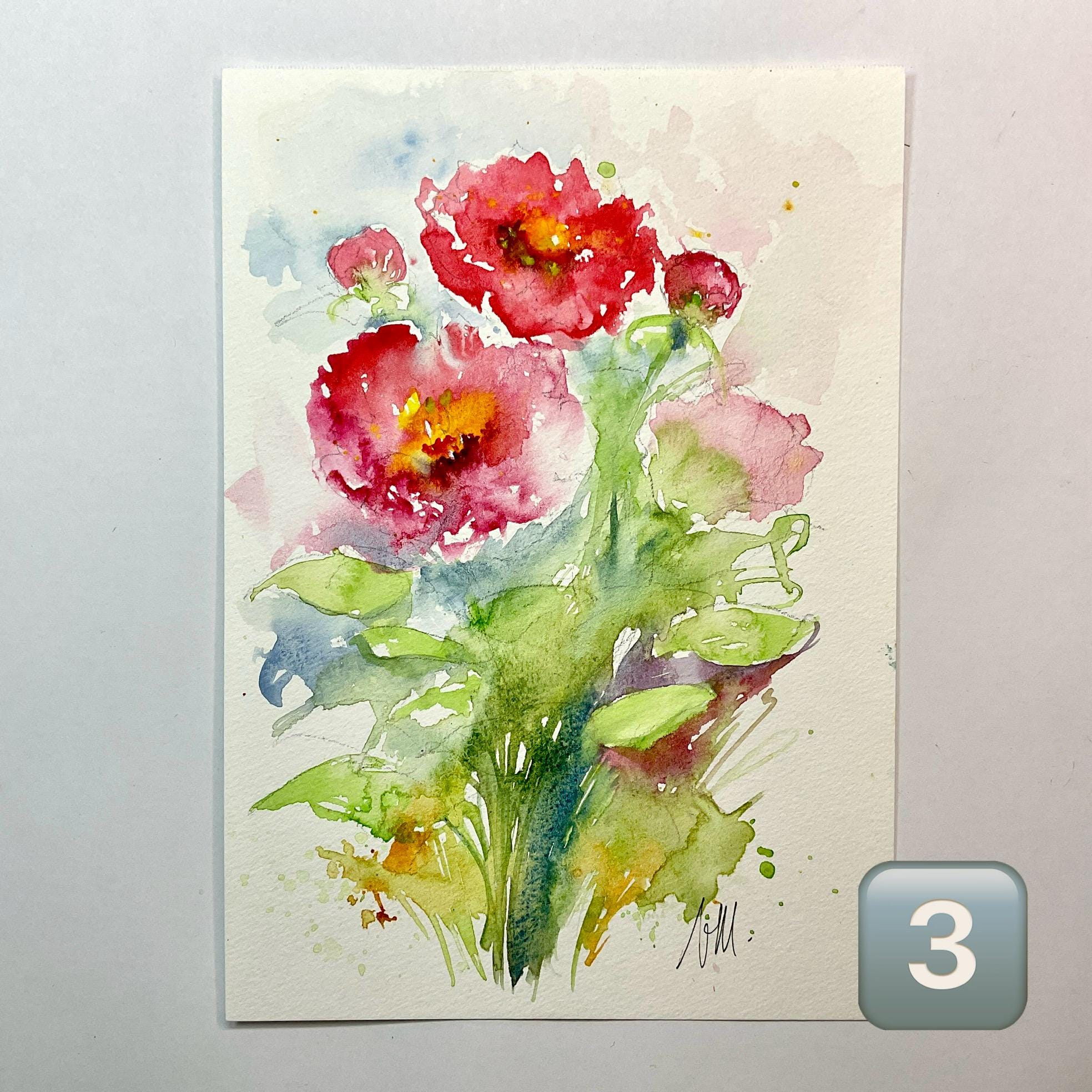 ピンクの牡丹と庭の花のオリジナル水彩画、色とりどりの花のオリジナル