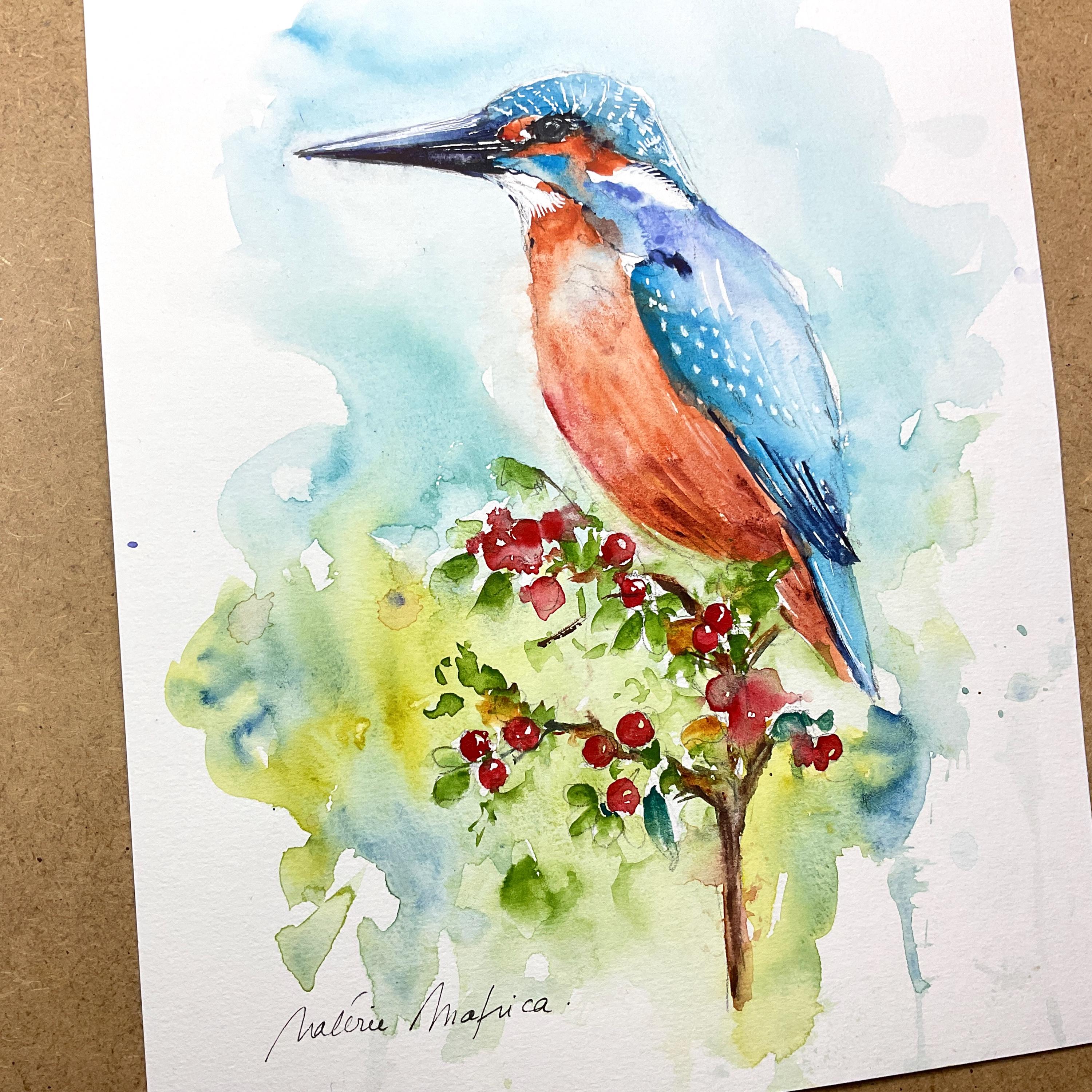 みみ水彩画 勿忘草と小鳥たち　値段は※900円です カワセミのオリジナル水彩画、鳥類学の壁画、池や森の美しい色鮮やかな