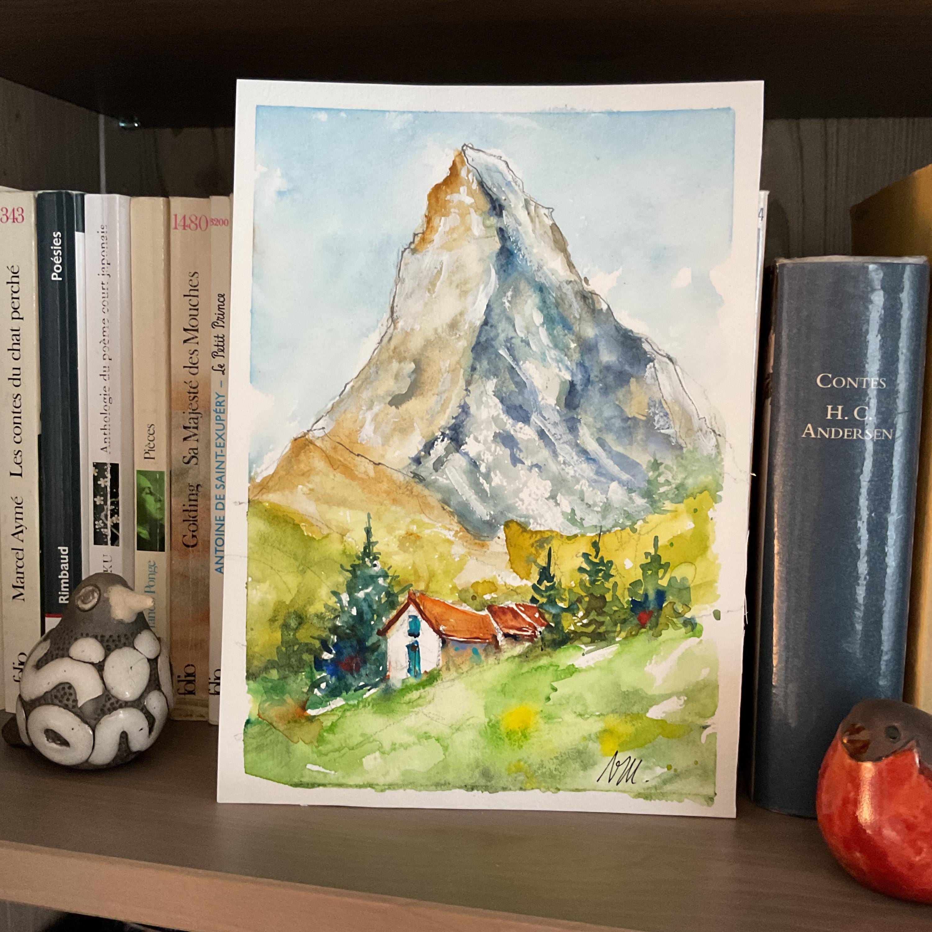 夏のマッターホルン山の水彩画、スイスアルプスのマッターホルンの風景