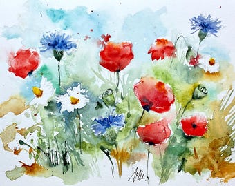 抽象的な花のオリジナル水彩画、花の水彩画、小さな正方形の花の