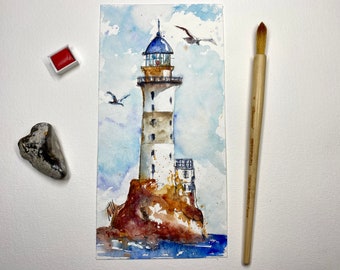 古い孤立した灯台の水彩画、ユニークなオリジナル絵画の放棄され