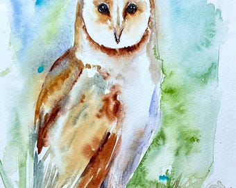 フクロウの水彩画、オリジナルのフクロウの絵画、フクロウの装飾