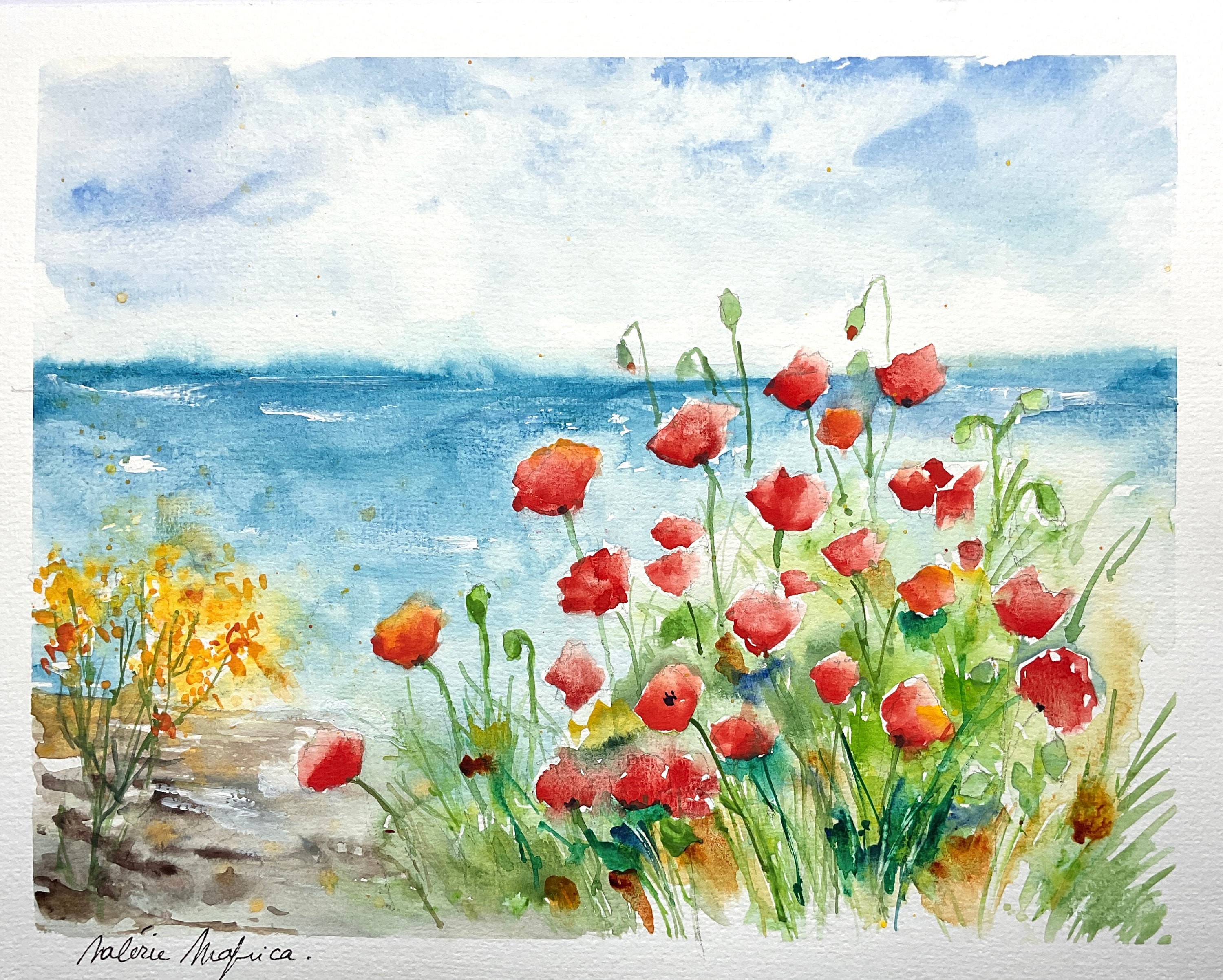 Original watercolor painting of red poppies by the sea, painting 