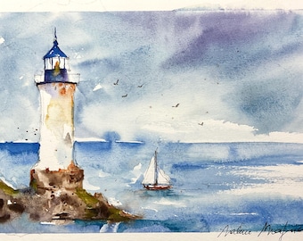 アルメンブルターニュ灯台のオリジナル水彩画、砕ける波の中の灯台の