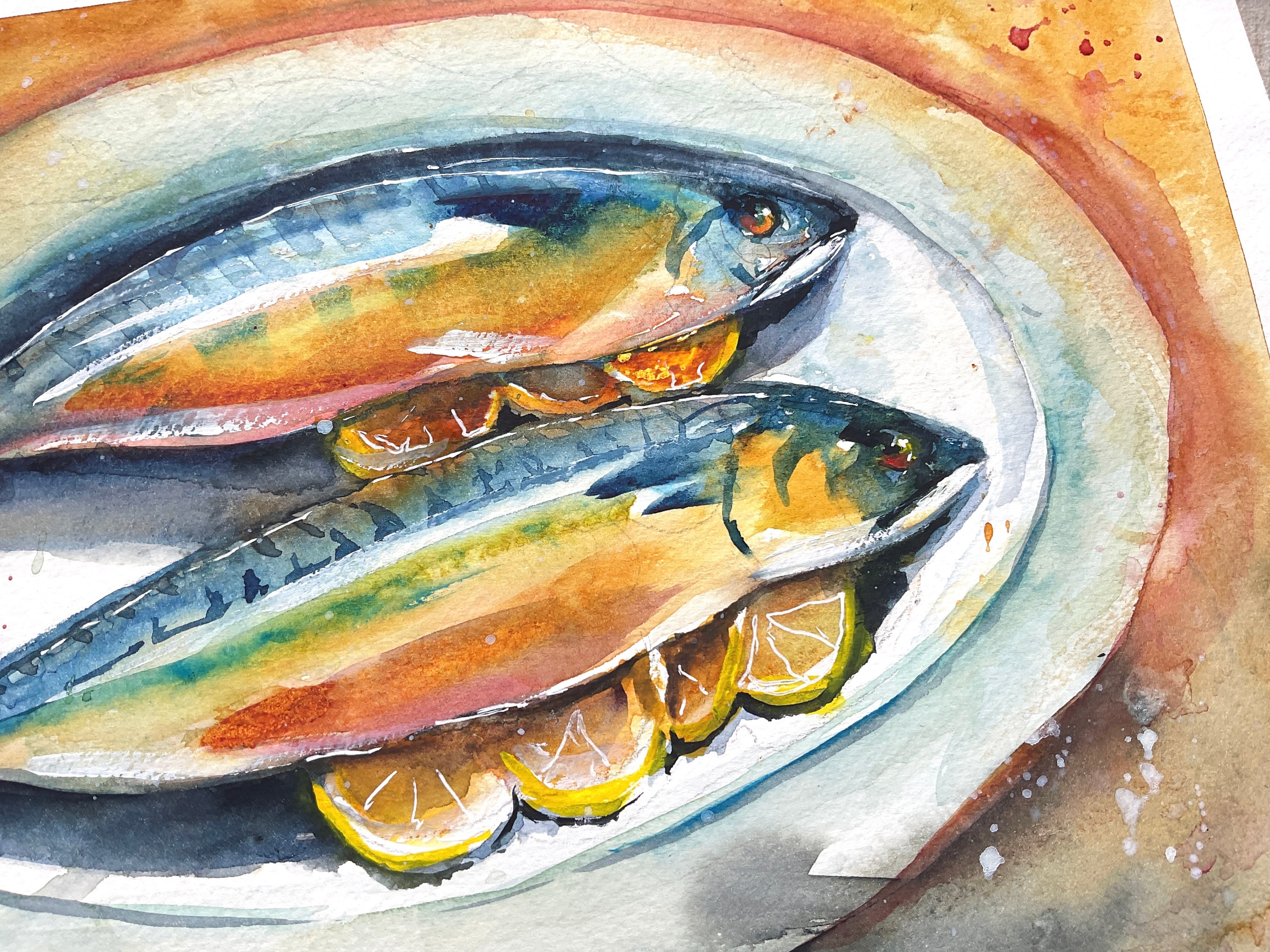 サバの魚のオリジナル水彩画、キッチンの静物画の装飾、料理用の魚の