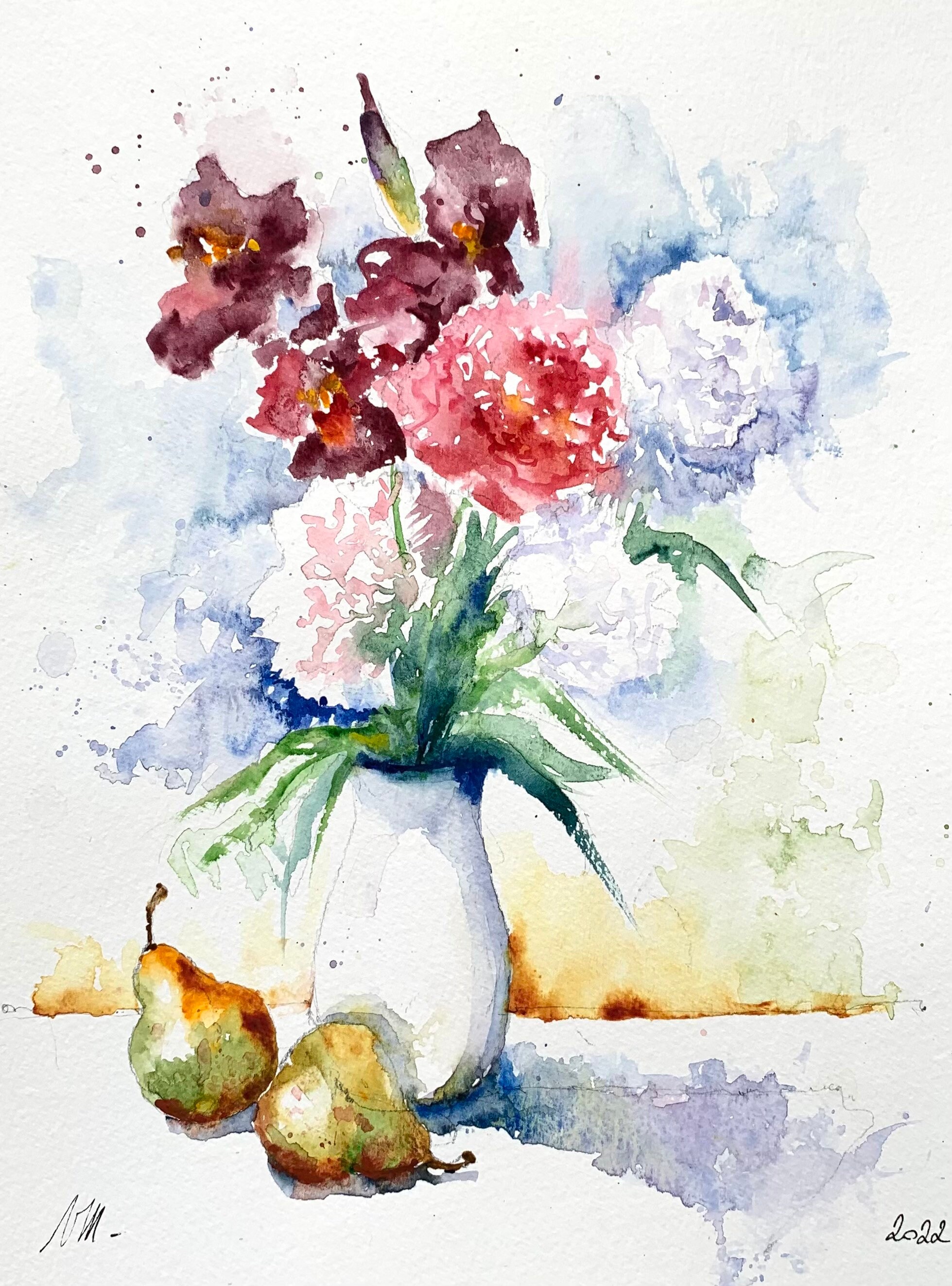 水彩画 アート 花の絵 花束の中のアイリスと牡丹の花の水彩画、花瓶の中の庭の花の絵、装飾用