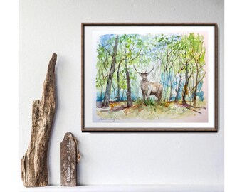 鹿のオリジナル絵画、森の鹿の水彩画、鹿の壁アート、森の野生動物の