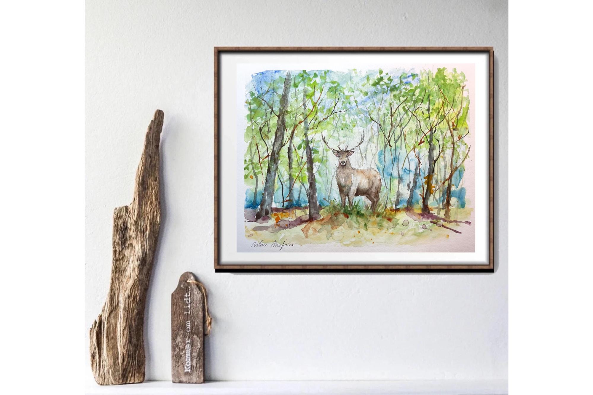 鹿のオリジナル絵画、森の鹿の水彩画、鹿の壁アート、森の野生動物の