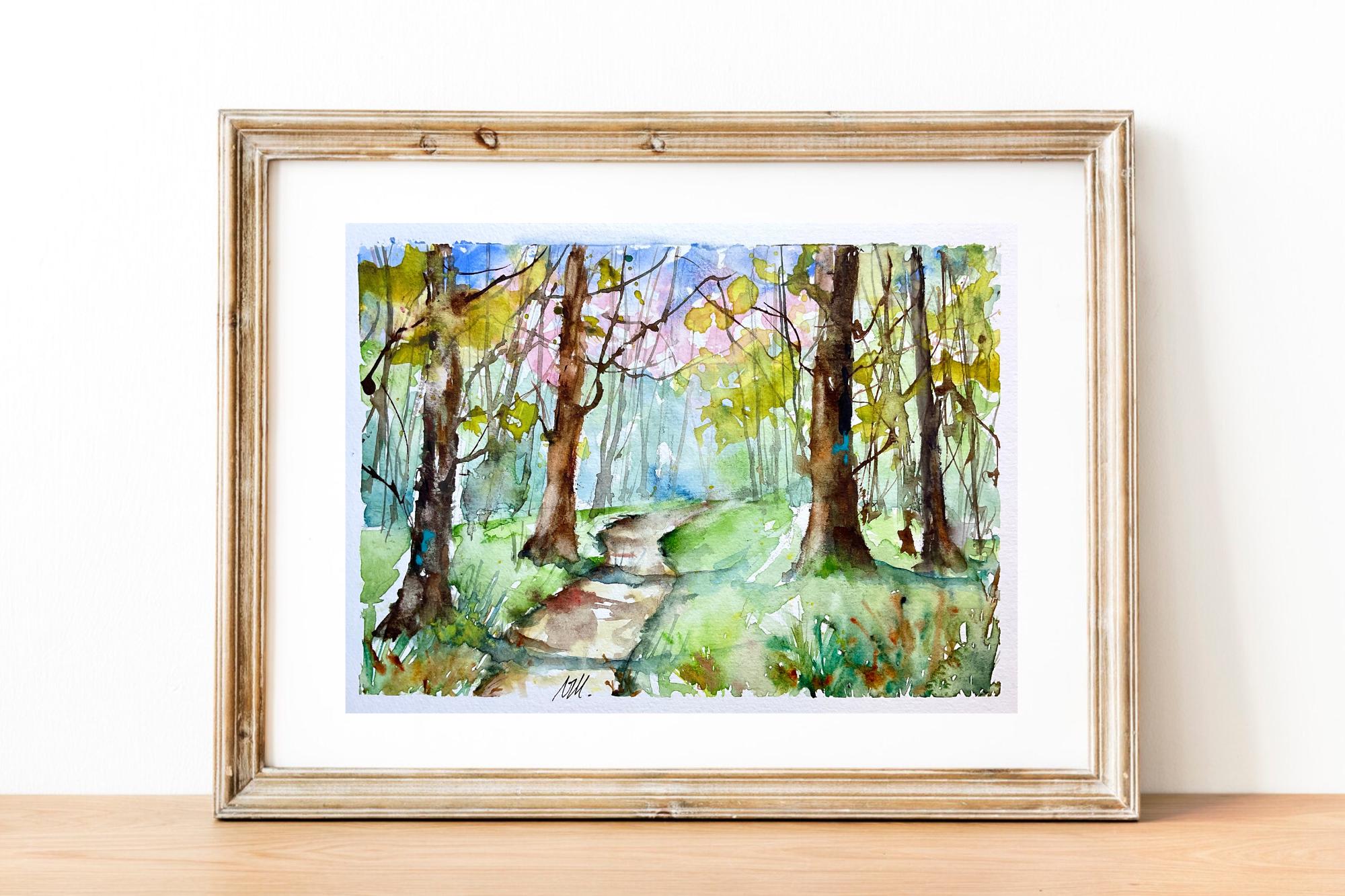 水彩画の春の森の風景、明るい下草のオリジナル絵画、緑の森の壁の装飾