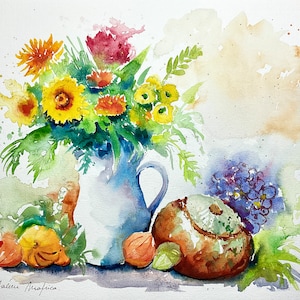 Dipinto originale ad acquerello di bouquet di fiori autunnali physalis e zucca, dipinto decorativo di natura morta autunnale e raccolto dal giardino