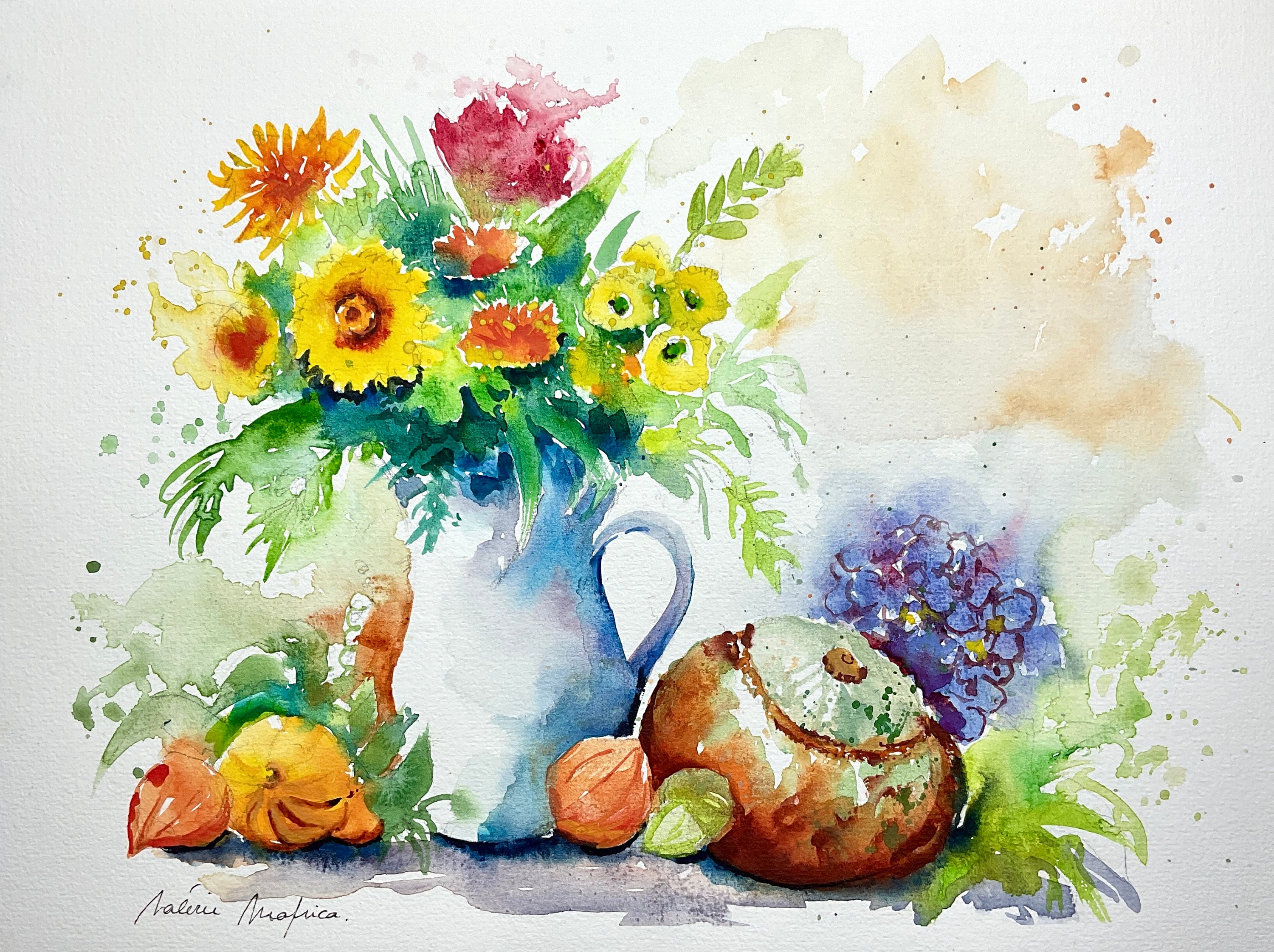 Original Watercolor Painting of Autumn Flowers Bouquet, Fall