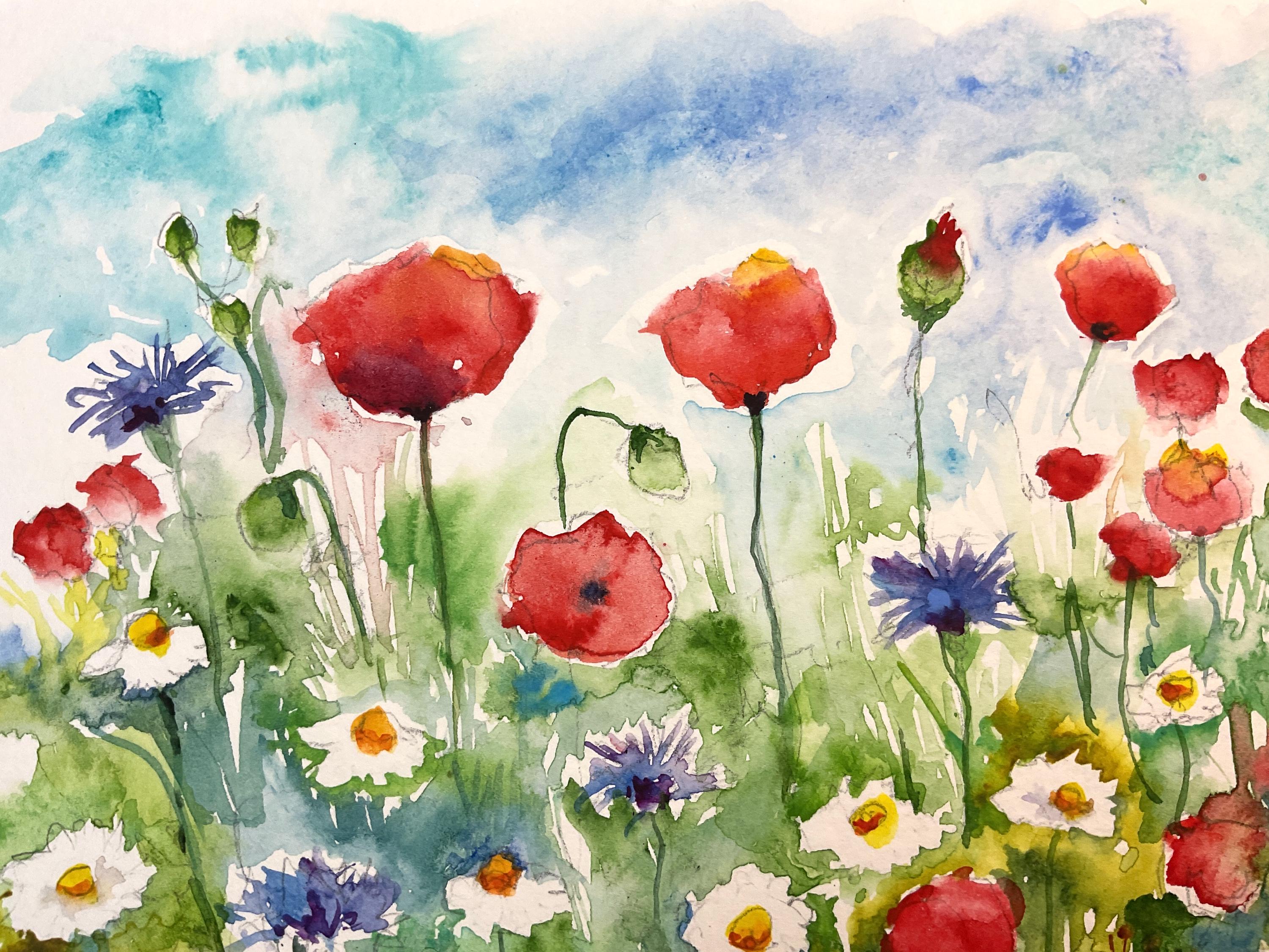 ポピーの水彩画、野原の赤いポピーの花のオリジナルアート、野生の花の