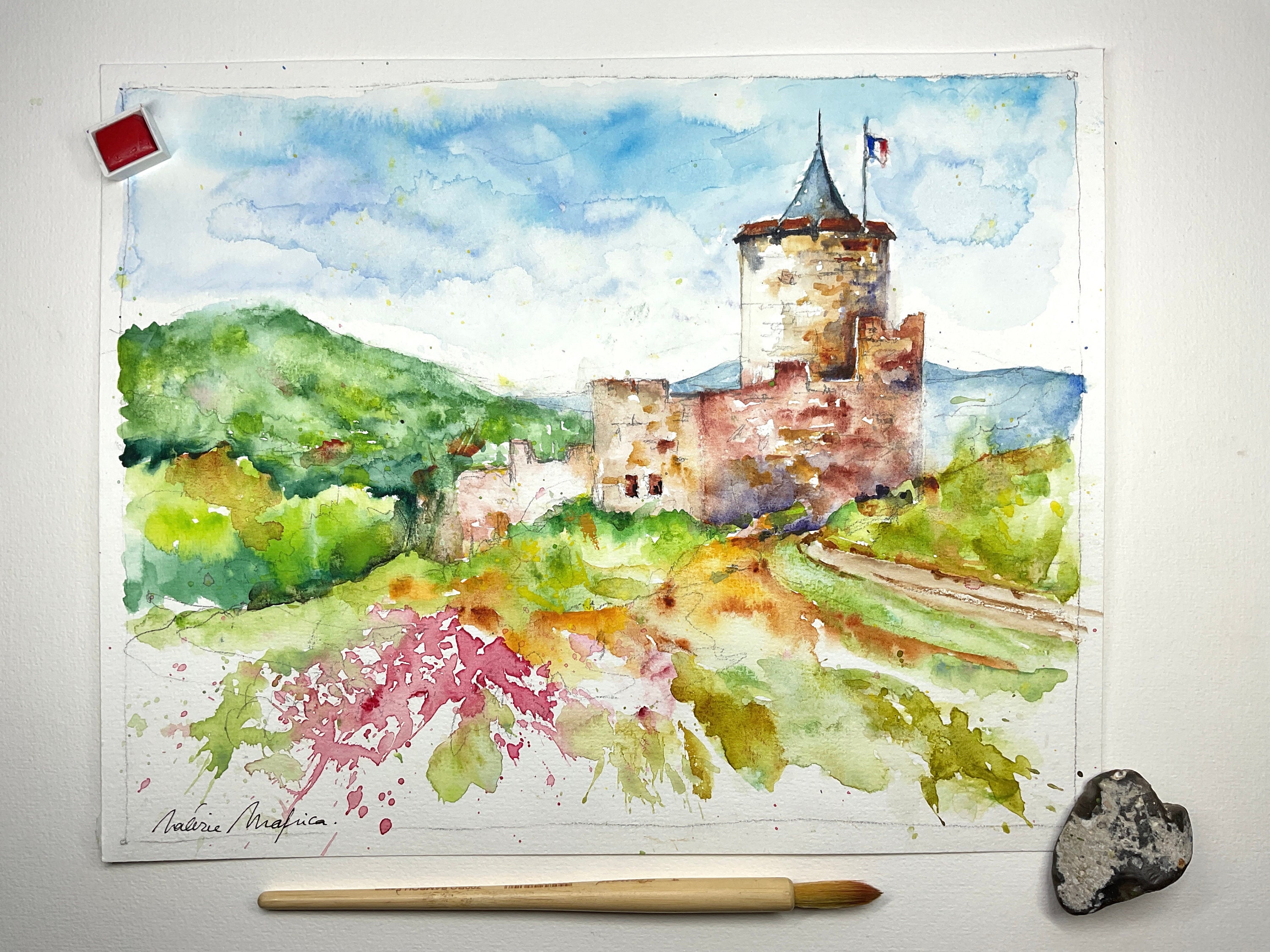 額入り　水彩画　フランス パリ 風景画 絵画 フランス 水彩画 石井清 「セーヌ河」 額付き
