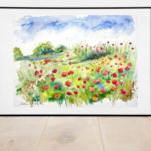Paisaje de campos de amapolas, acuarela original de amapolas, naturaleza en verano, prados de flores y montones de paja, arte de amapolas imagen 8