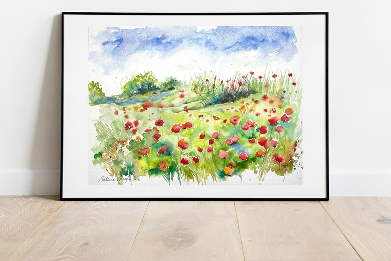 Paisaje de campos de amapolas, acuarela original de amapolas, naturaleza en verano, prados de flores y montones de paja, arte de amapolas imagen 8