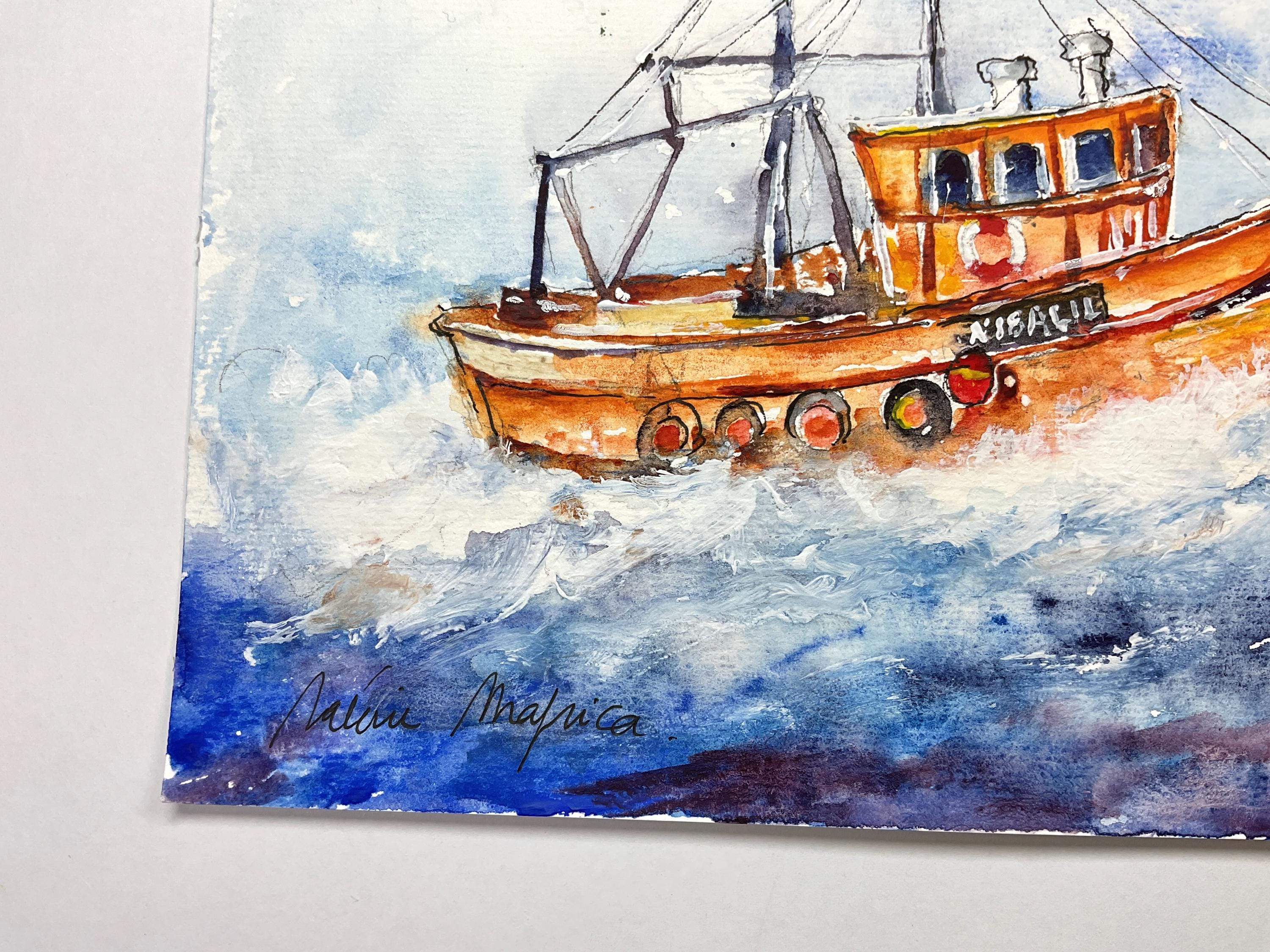 外洋に浮かぶカラフルな漁船の絵画、漁船の水彩画、海の風景、海