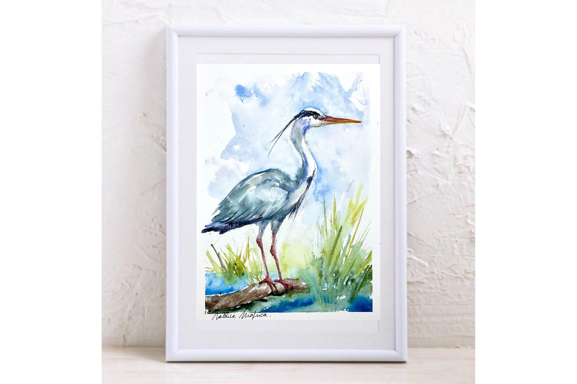 アオサギの絵画、アオサギのオリジナル水彩画、沼地や池の水鳥の絵画