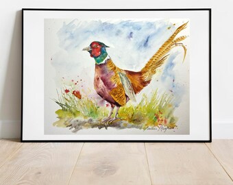 オリジナルのキジの絵画、野生動物の水彩画、森や田舎の鳥の壁画