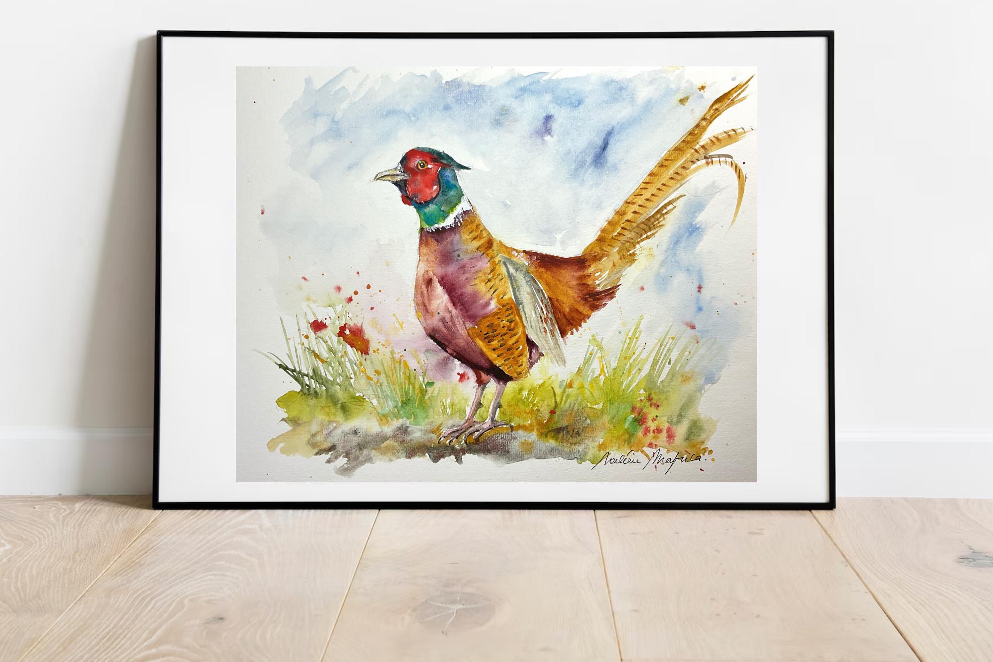 オリジナルのキジの絵画、野生動物の水彩画、森や田舎の鳥の壁画