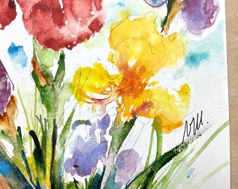 庭に咲く色とりどりのアヤメを描いたオリジナルの水彩画。春には鮮やか