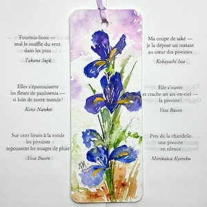 Peut inclure: Une peinture à l'aquarelle d'iris violets avec des feuilles et des tiges vertes. La peinture est sur un fond blanc avec du texte en français et en japonais. Le texte dit : "Fourmis-lions - seul le souffle du vent dans les pins Takano Suju" et "Ma coupe de saké - je la dépose un instant au cœur des pivoines Kobayashi Issa".