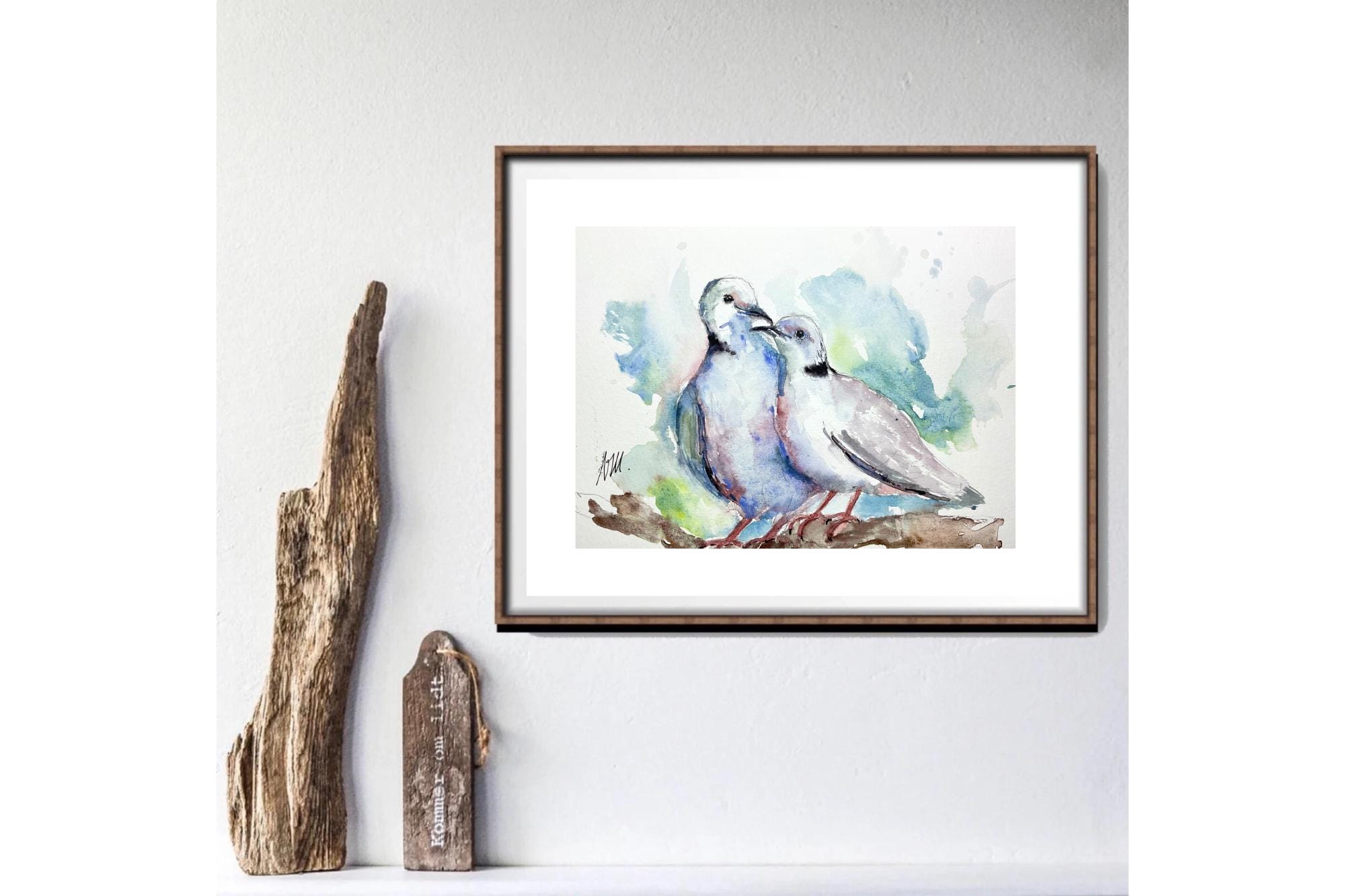 コルラド鳩のつがいのオリジナル水彩画。恋する鳥の絵。優しさと調和の