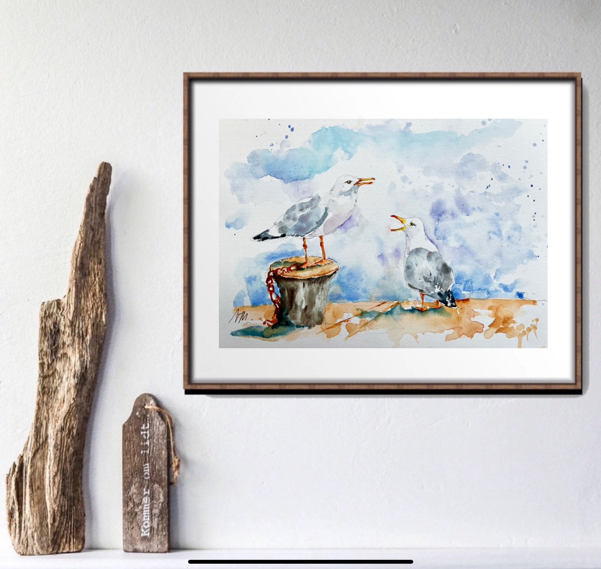 オリジナルの水彩画の 2 羽のカモメ、カモメの絵、海洋をテーマ