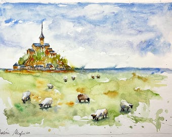 Painting of Mont Saint Michel, Normandy France, original watercolor, abbey and bay of Mont St Michel, unesco wonder of the world, church art