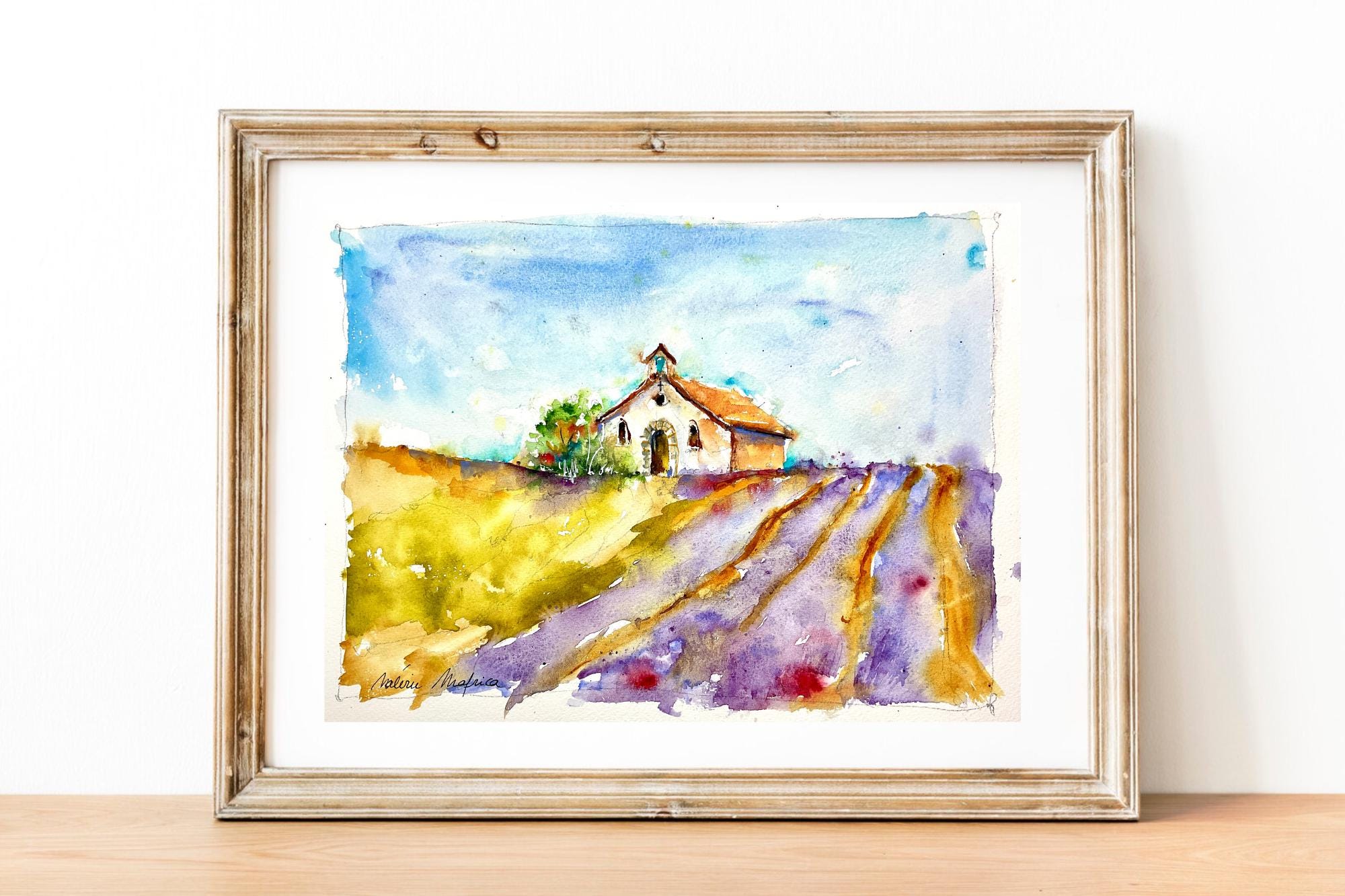 ラベンダー畑の水彩画、プロヴァンスの風景画（原画）、田舎の夏の藤色