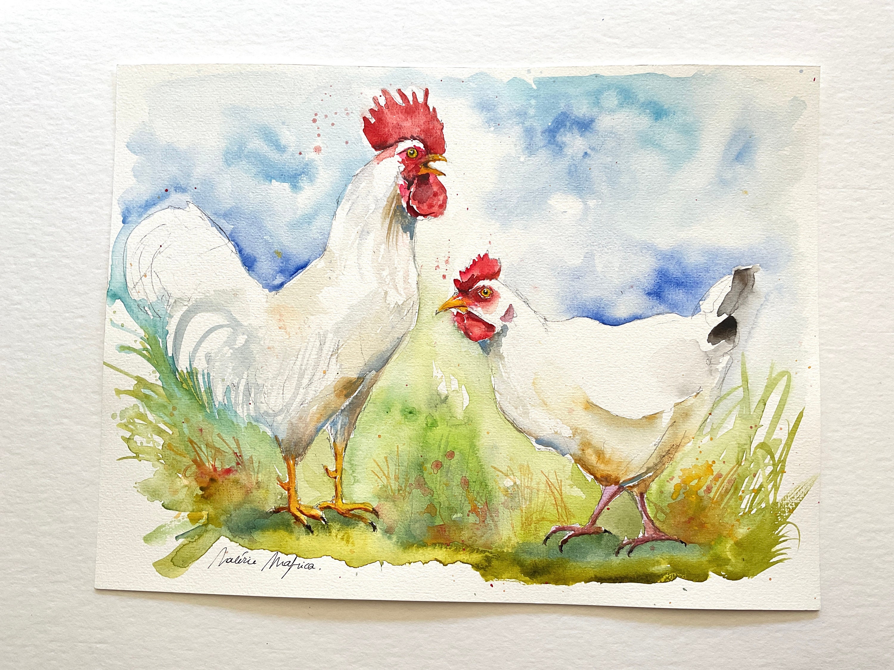 白い雌鶏と雄鶏の絵画、カップルのオリジナルの水彩画、農場の家禽の