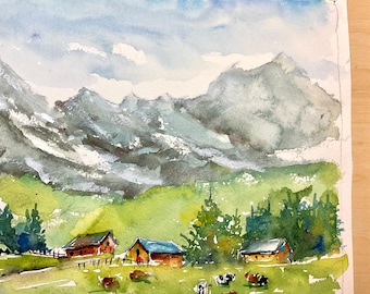 夏の山のオリジナル水彩画、山岳風景画、アルプスの水彩画、アラビス