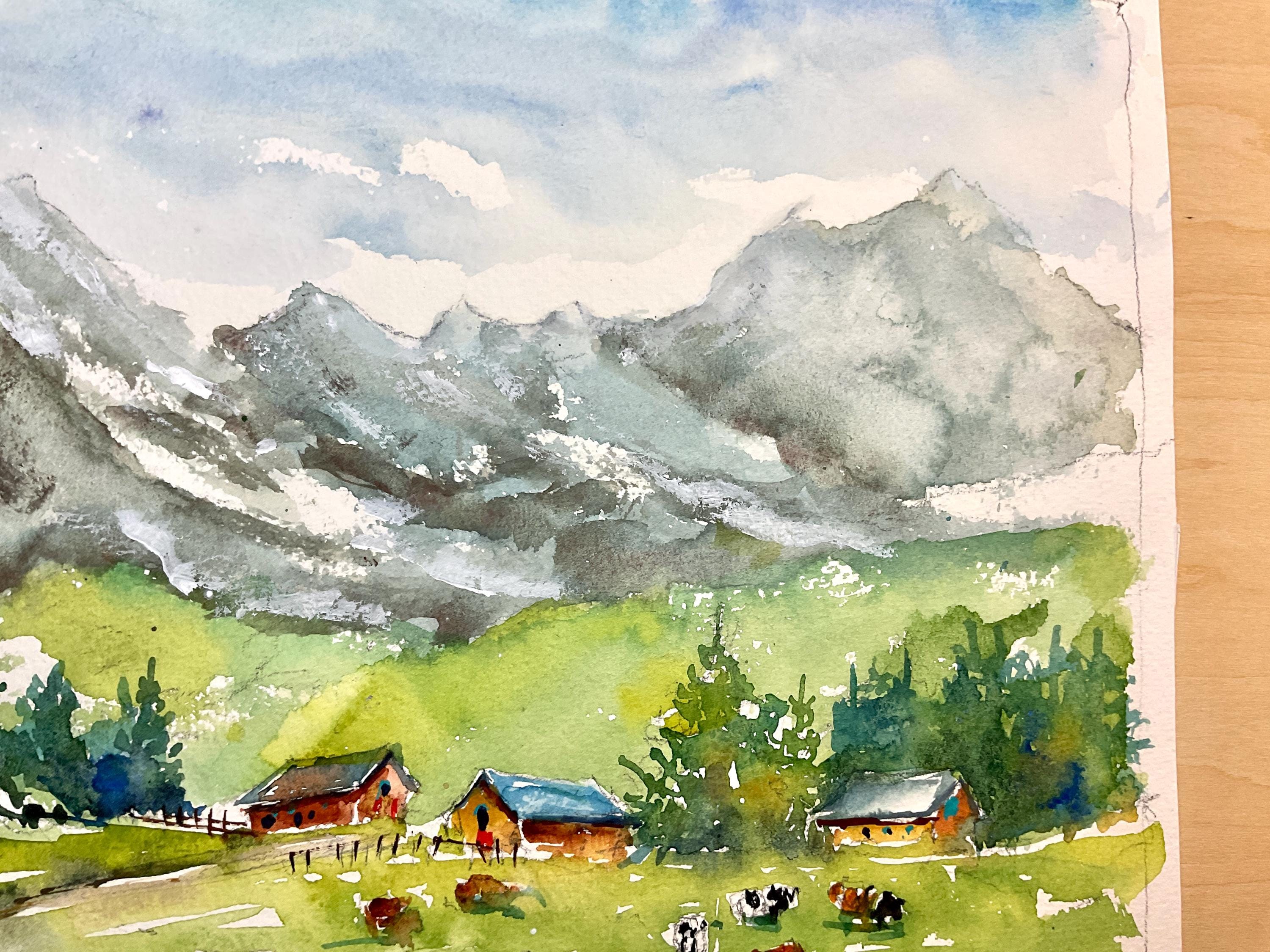 登山（水彩画） 夏の山のオリジナル水彩画、山岳風景画、アルプスの水彩画、アラビス