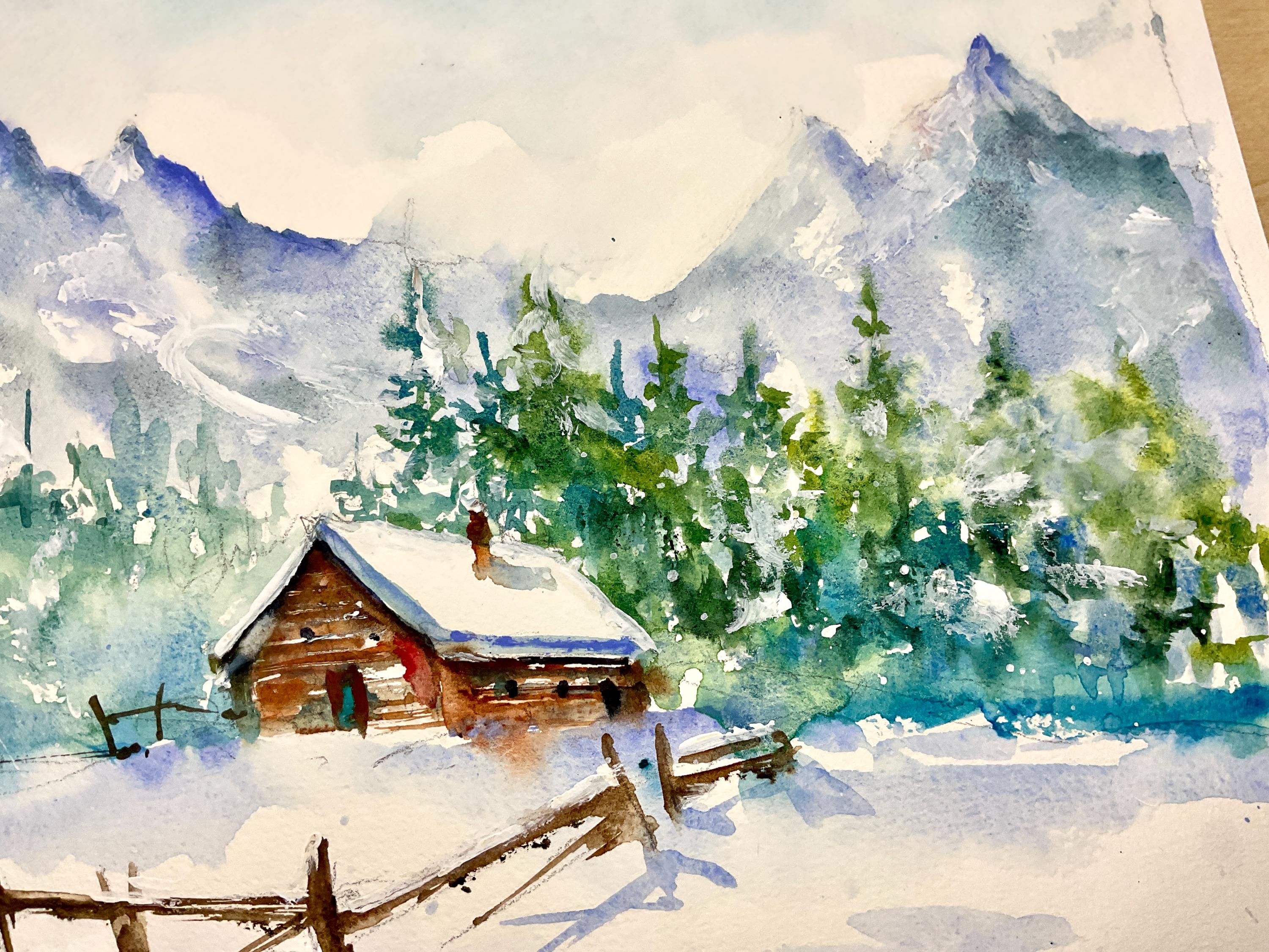 冬の山岳風景、雪に覆われた丘のオリジナル水彩画、雪景色、アルプスの