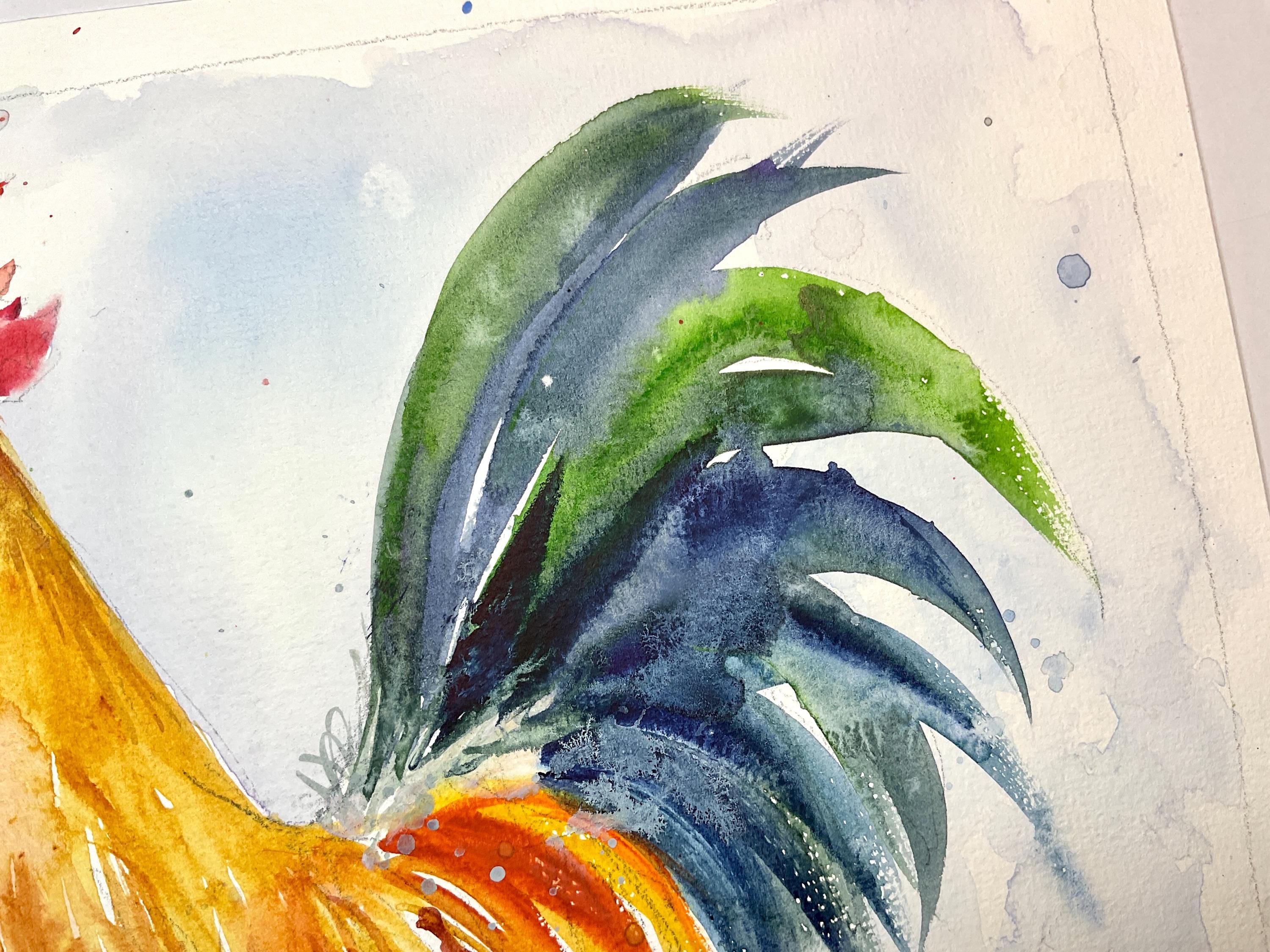 鶏の絵、農場の王のオリジナルの水彩画、田舎風の壁の装飾、鶏ファンへ