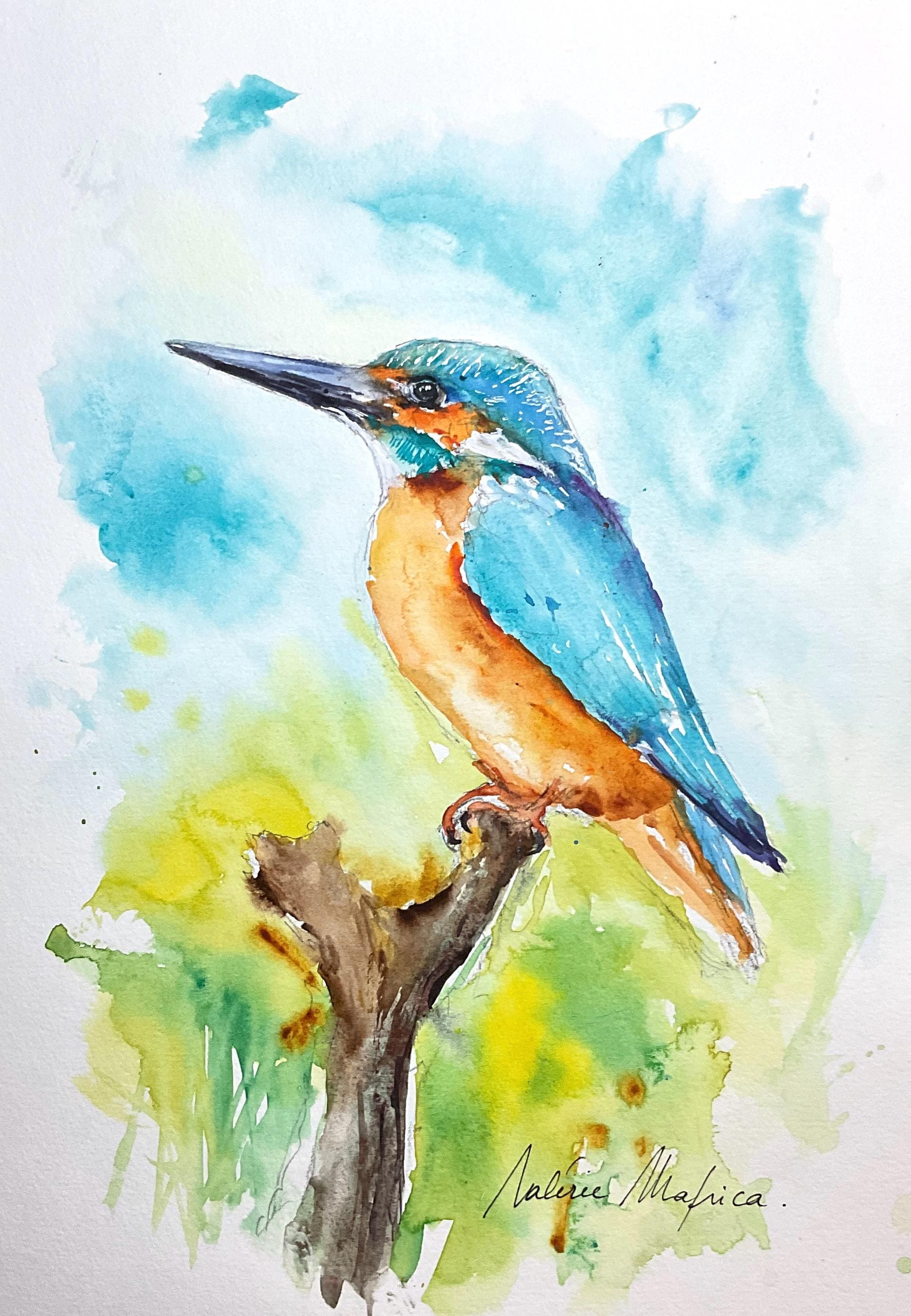 カワセミのオリジナル水彩画、鳥類学の壁画、池や森の美しい色鮮やかな