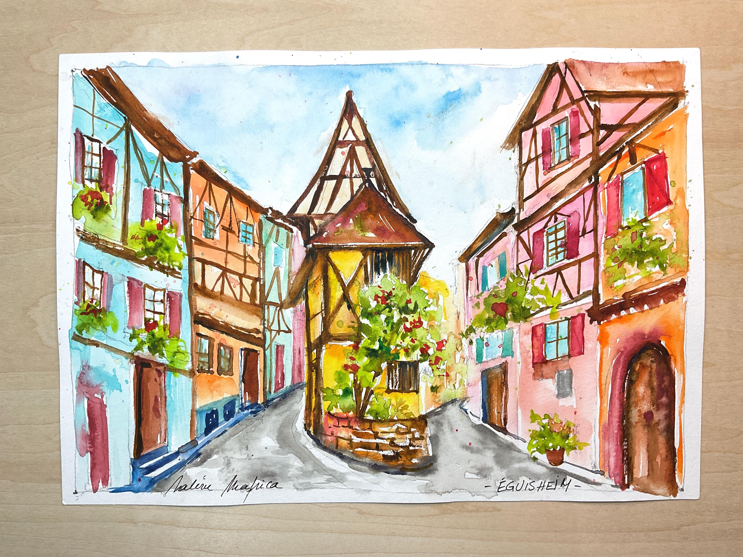 アルザスの水彩画、エギスハイム村の絵画、アルザスワイン街道