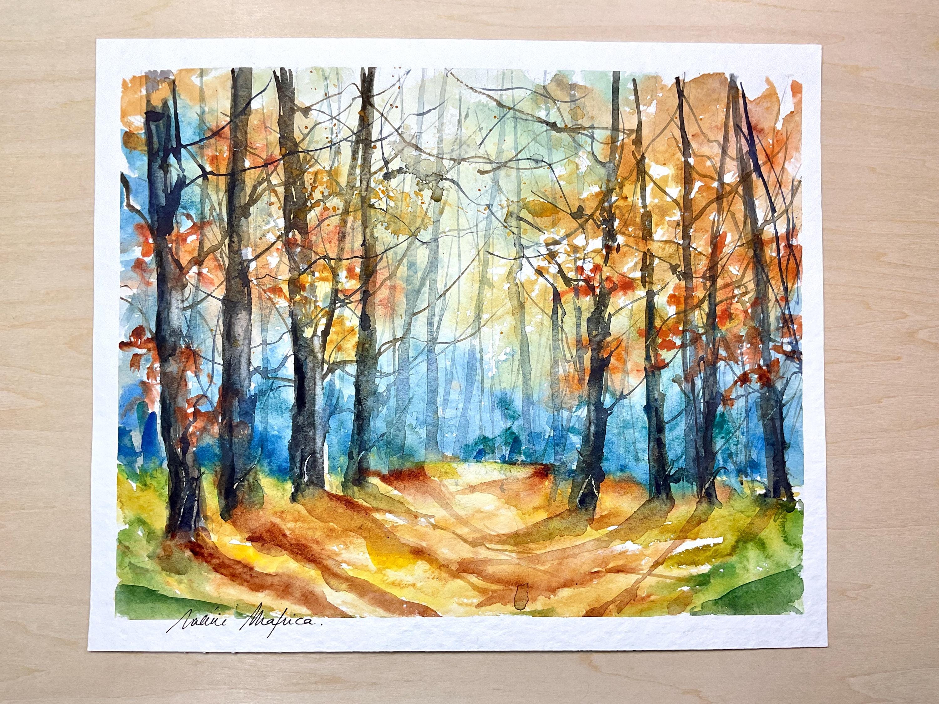 オリジナルの水彩画の森の絵画、下草の風景、木と自然の絵画、緑、青