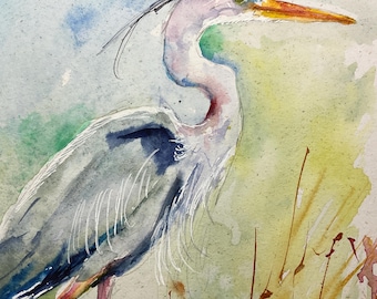 アオサギ油彩画 アオサギの絵画、アオサギのオリジナル水彩画、沼地や池の水鳥の絵画