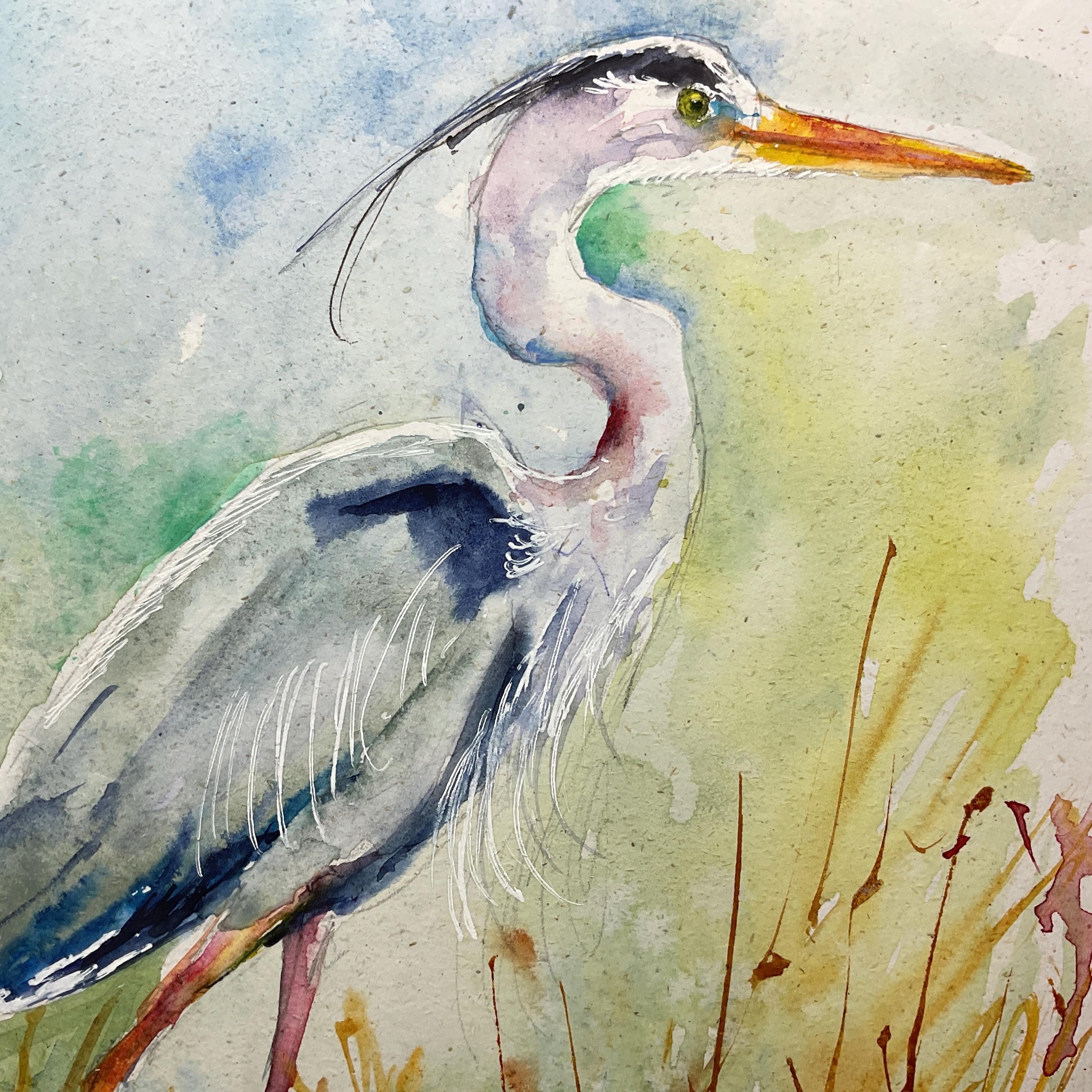 アオサギの絵画、アオサギのオリジナル水彩画、沼地や池の水鳥の絵画