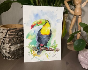 オリジナルの水彩画のオオハシ、エキゾチックな鳥の絵、ジャングルの鳥