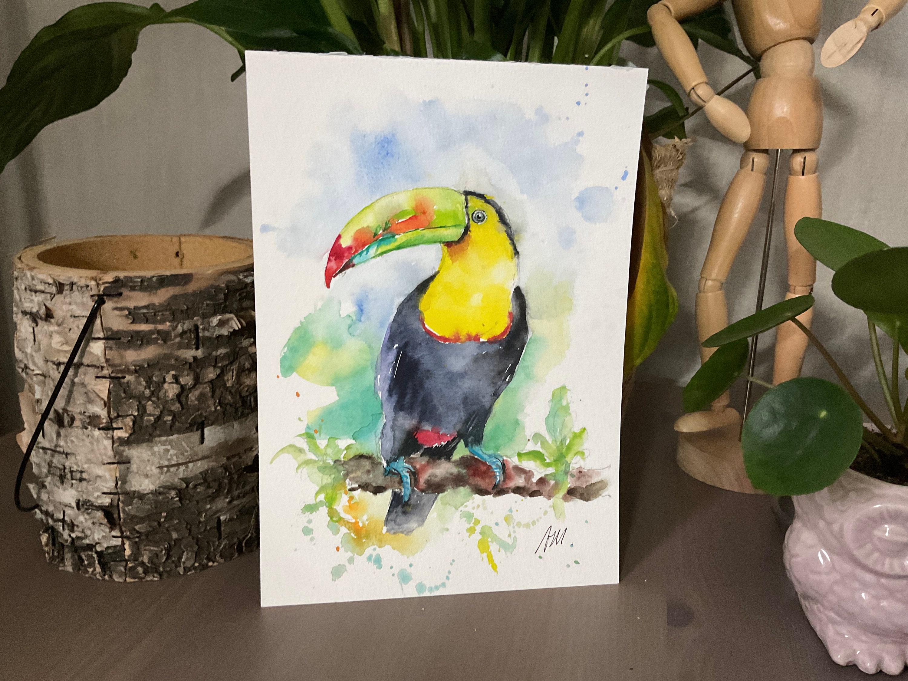 オリジナルの水彩画のオオハシ、エキゾチックな鳥の絵、ジャングルの鳥